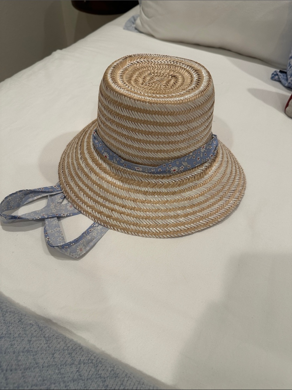 Straw Sun Hat with Blue Floral Chin Tie - Kids
